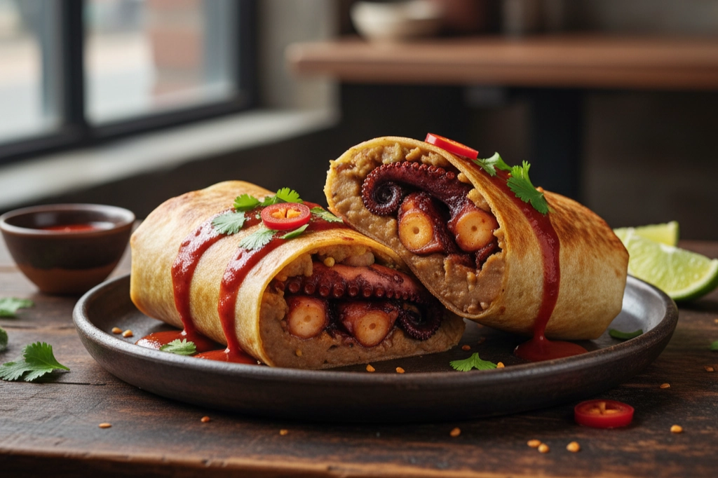 Burrito con crema di fagioli e polpo piccante